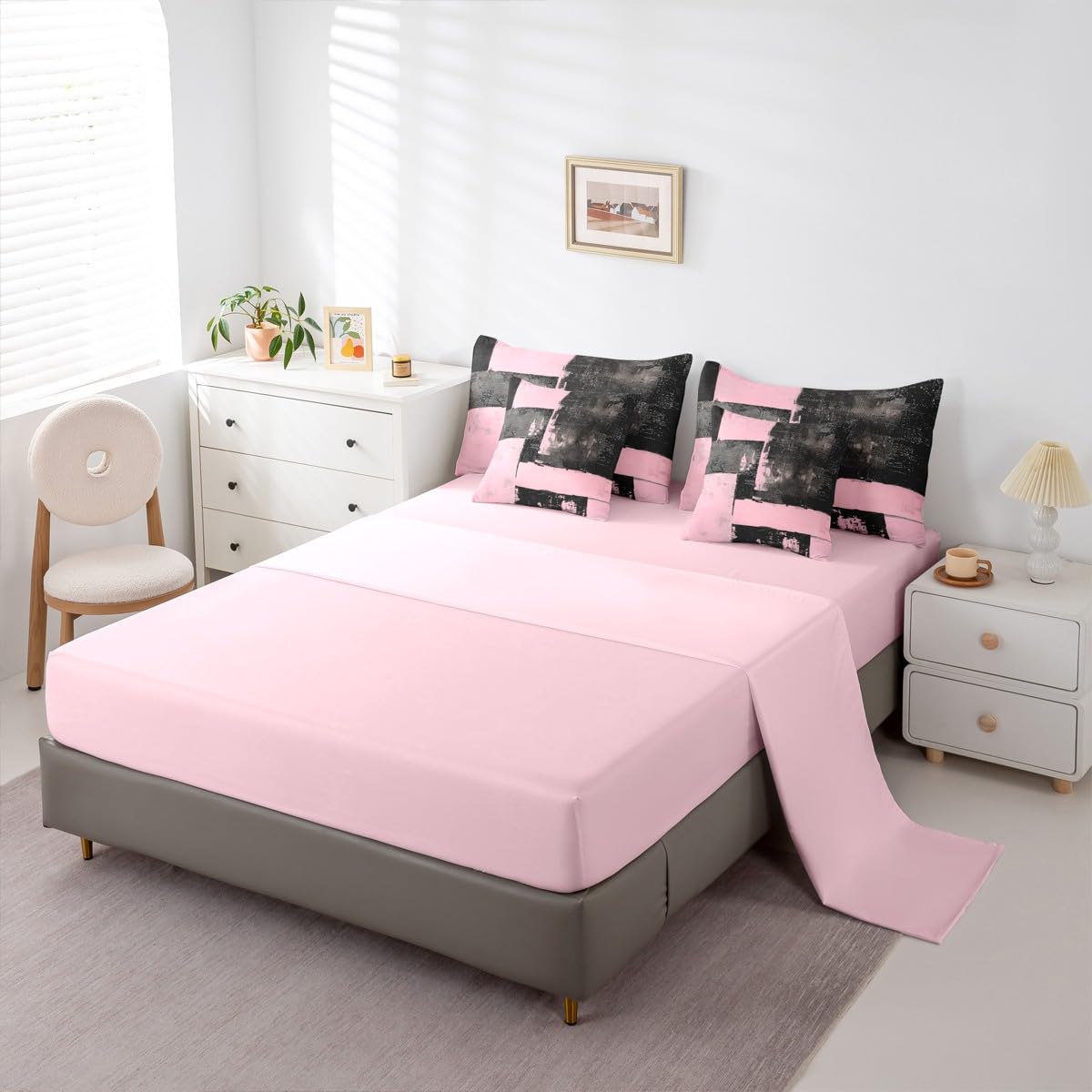 Feelyou Abstract King Comforter Set with Sheets for Kids Boys Girls Modern Abstract Art 7 Pieces Bedding Set Luxury Bed in a Bag Geometric Room Decor Black Pink Soft Lightweight Microfiber