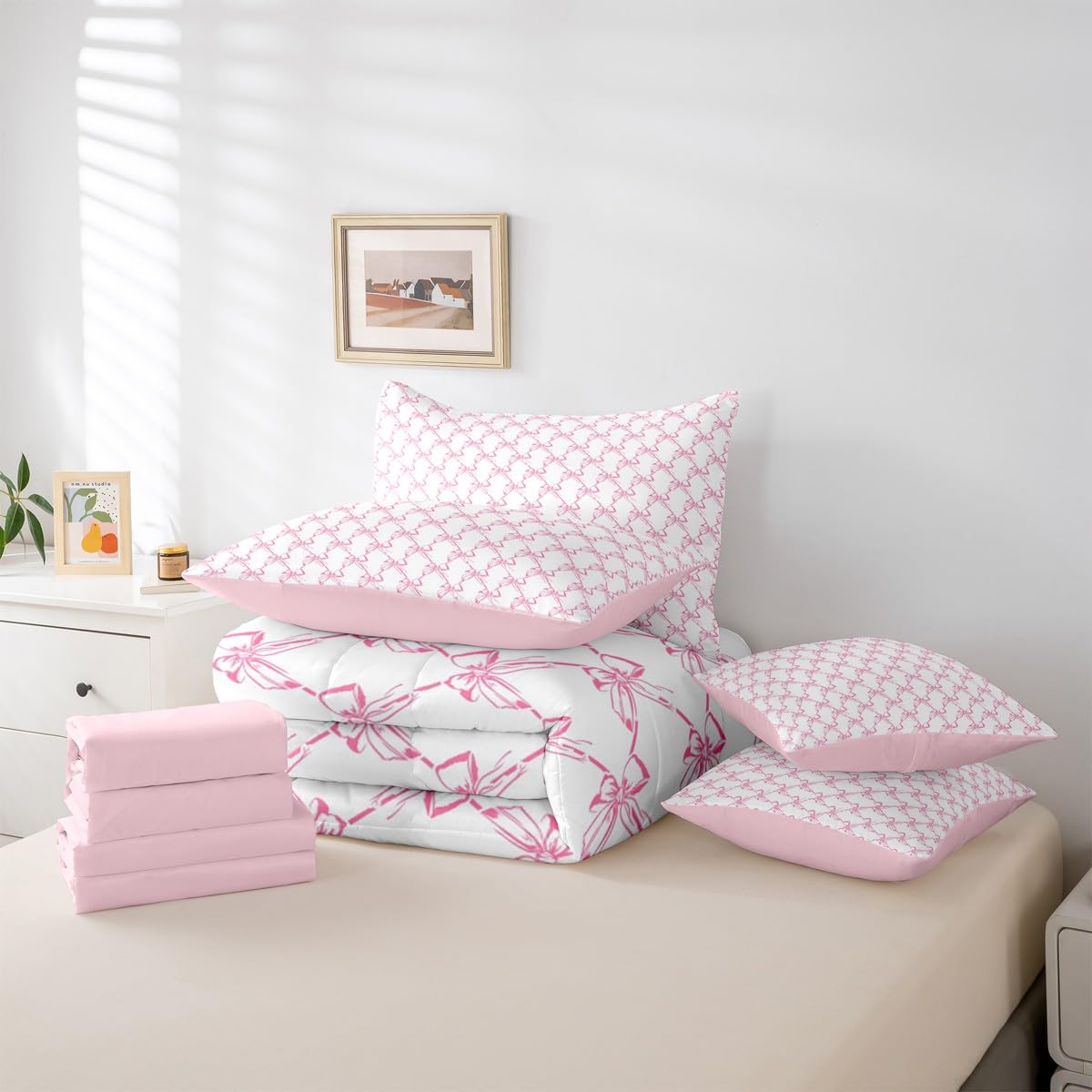 Erosebridal Girls Bowknot 7 Piece Comforter Set King Size | Cute Pink Bow Coquette Bedding Set Girly Bow Tie Comforter Dreamy Princess Style Sheets Butterfly Knot Aesthetic Quilt Room Decor