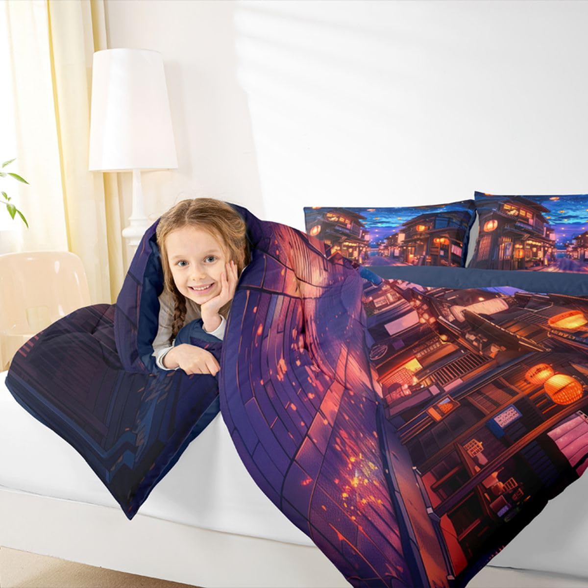 jejeloiu Japanese Kids Comforter Set Toddler Size Anime Street Bedding Set Tokyo Duvet Quilt for Kids Boys Girls Bedroom Decor Microfiber Ultra Soft Breathable