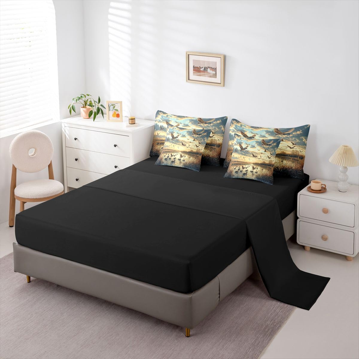 Erosebridal Sunrise 7 Piece Bedding Set Queen Wild Ducks Comforter Set with Sheets Reeds River Flying Mallards Clouds Bed in a Bag Trees Animals Print Landscape for Teens Men Women