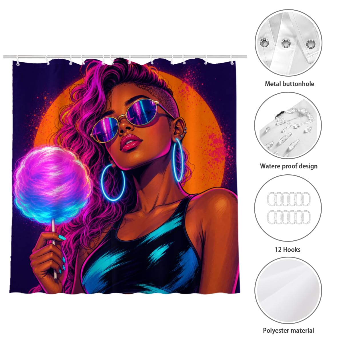 TopPacific Cotton Candy Woman Shower Curtain 72x72 Inch Shower Curtain with 12 Hooks Polyester Woman Sunglasses Cotton Candy Neon Circle Background Bathroom Decor