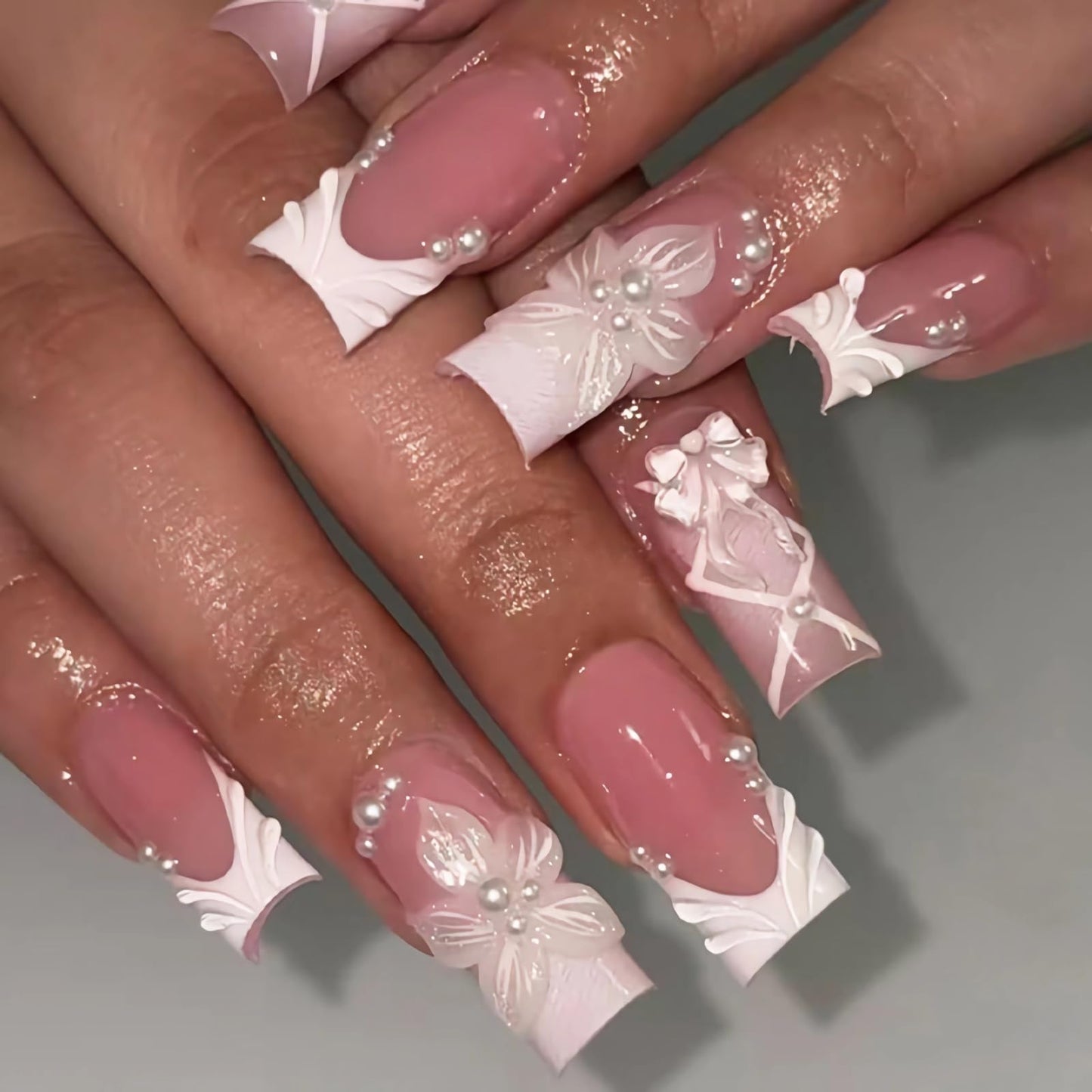 BABALAL Press On Nails, Long Square Fake Nails, Pink French Tip False Nails With 3D White Flower, Bow And Pearl Charm Decor, Reusable Fake Nails Set 24Pcs