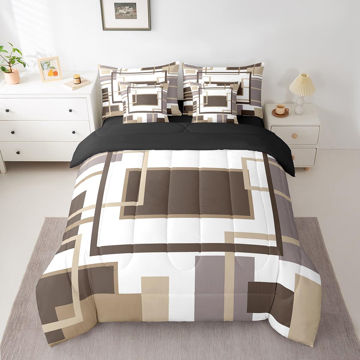 Erosebridal 7Pcs Khaki Square Geometric Comforter Set King,Minimalist Striped Abstract Bed in A Bag for Women Men Adults,Modern Aesthetic Art Quilt Set with Pillowcases,Geometric Stripes Bedding