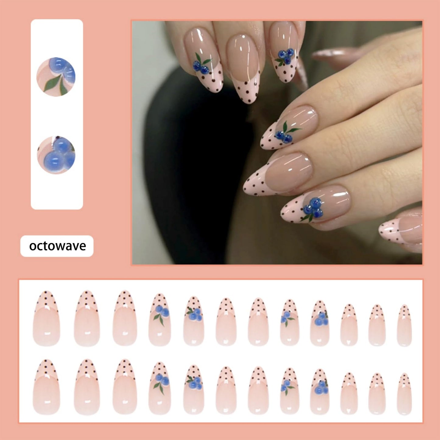 octoswave Medium Almond Press on Nails Polka Dot French Tip 3D Blueberry False Nails for Women Girls Party Prom 24Pcs