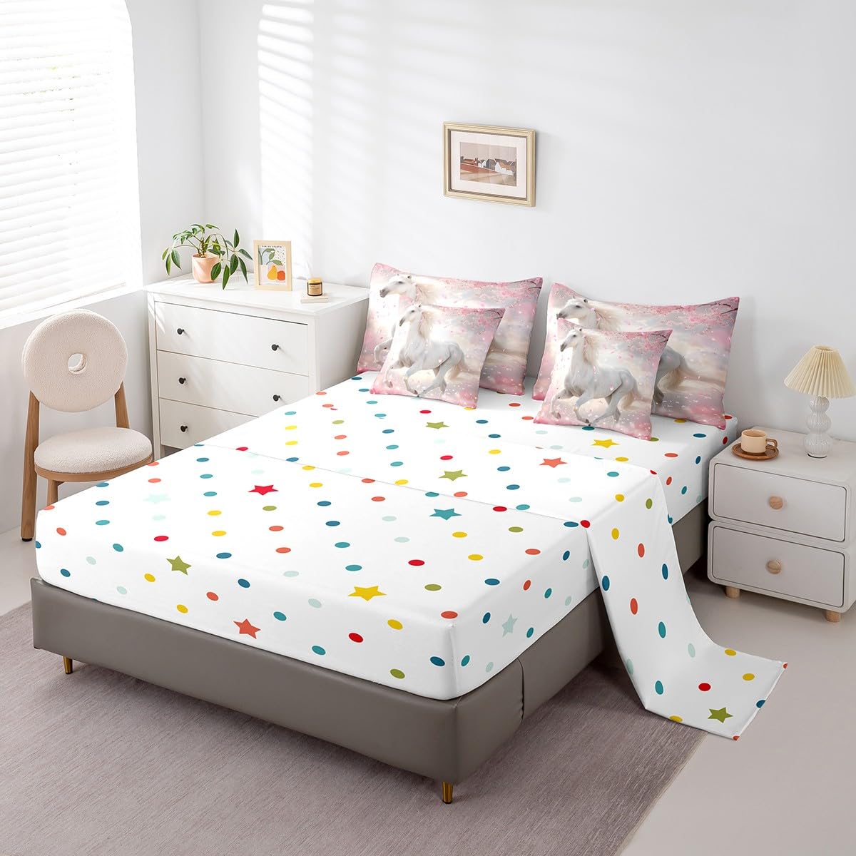7 Piece Boys Twin Horse Bed in a Bag Pink Cherry Blossom Sheet Set for Girls Kids - 3D Wild Animal Bedding Set with Comforter - Pink Fitted Sheet - White Horse Farmhouse Cushion Covers