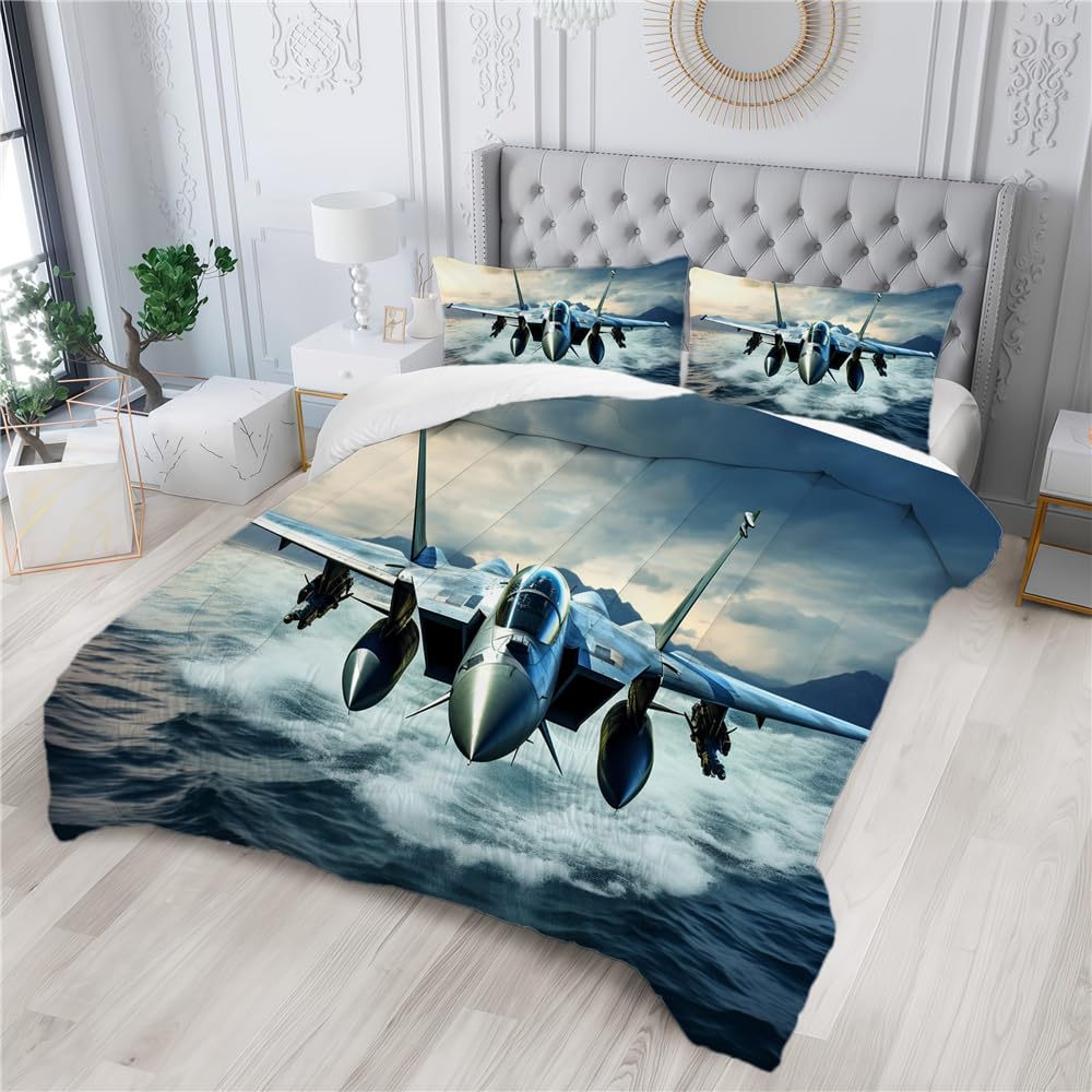 Albideyaa Fighter Comforter Twin Size Cool Blue Fighter Jet Over The Sea Surface Room Decorative Comforter Set War Themed Military Airplane Bedding Set for Boys Kids Teens, Twin