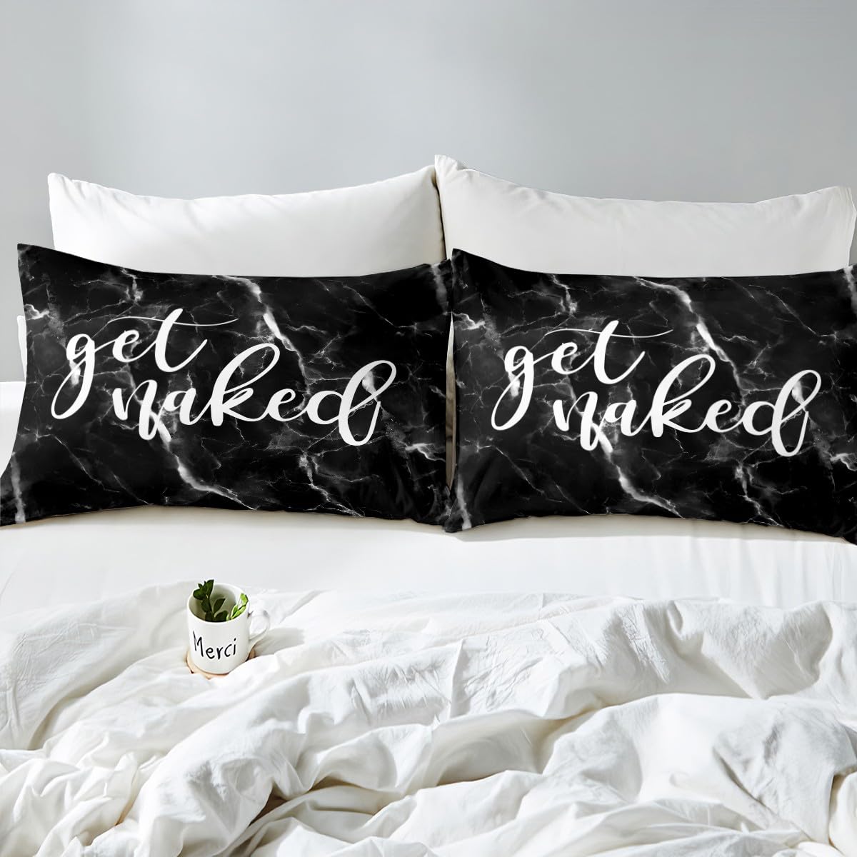 Black White Marble Bed Sheet Set for Kids Boys Girls Women Men Get Naked Fitted Sheet Full Size Funny Quote Bedding Set Room Decor Simple Modern Abstract Bedding Sheets 3Pcs Bedroom Collection