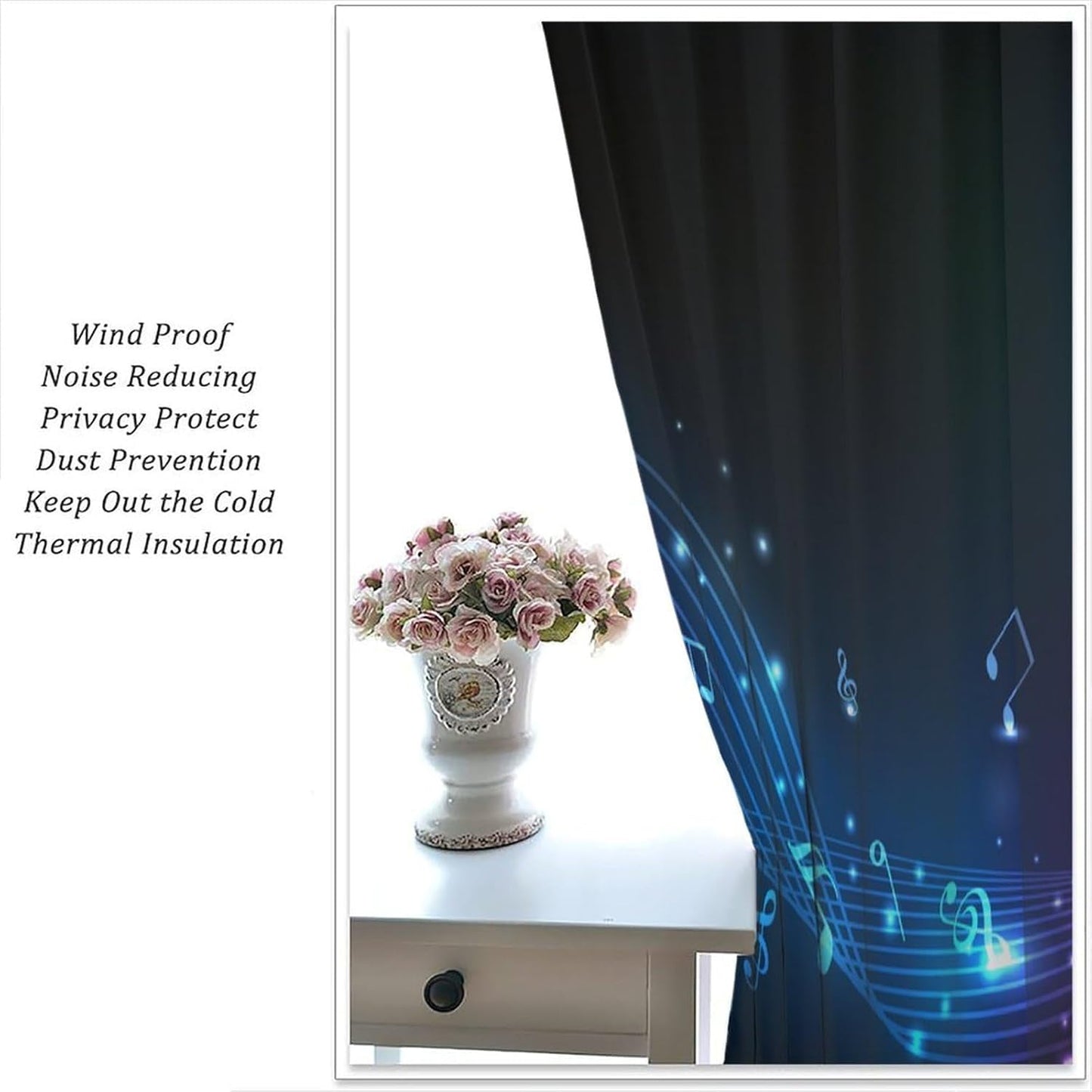 HZOHNAGO Music Curtain Blue Cyan Purple Dancing Notes Pattern Blackout Print Rod Pocket Window Drapes for Bedroom Living Room 42x45in