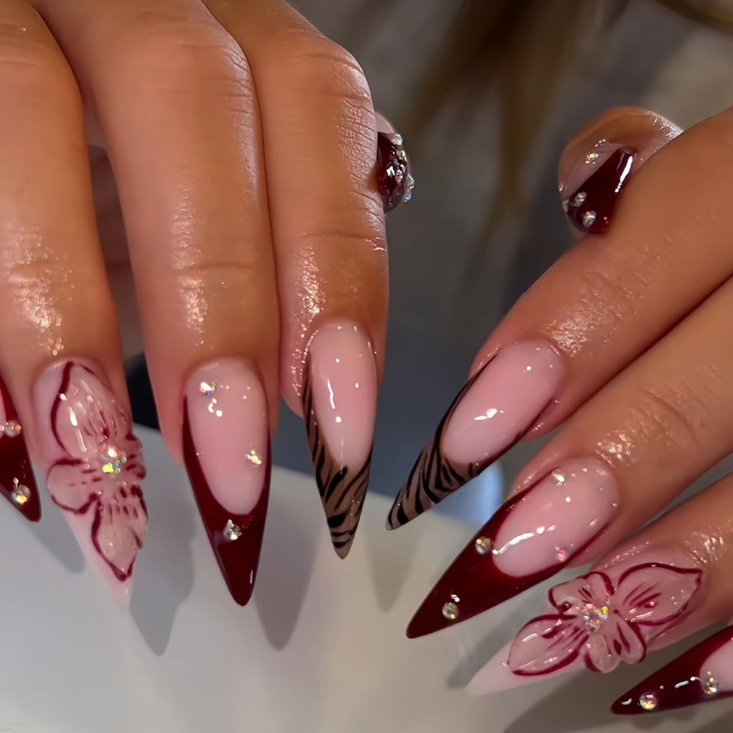 Long Press on Nails Stiletto Fake Nails French False Nails Brown Artificial Nails with Pink Flowers Designs Leopard Handmade Nails 3D Floral Stick on Nails for Women 24pcs