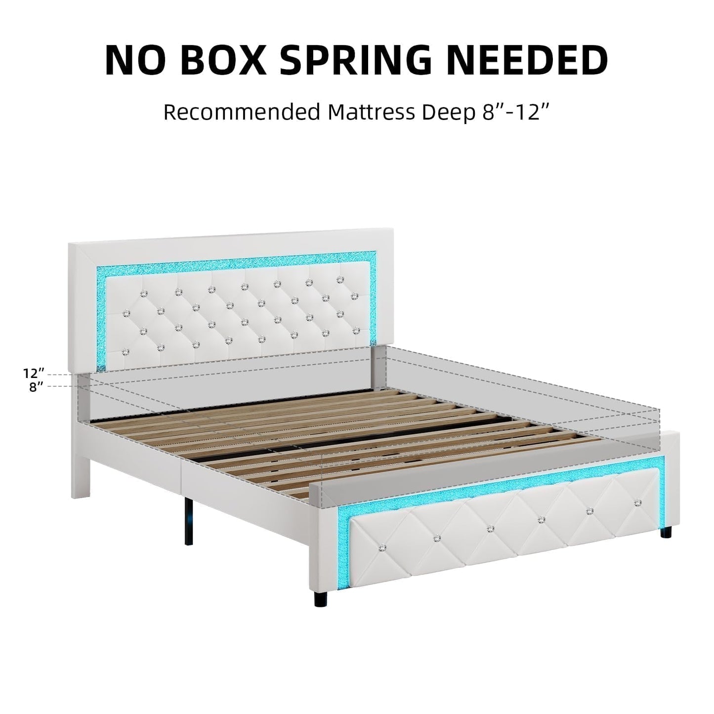 Full Bed Frame with LED Lights, Upholstered Platform Bed with Diamond Tufted Headboard, No Box Spring Needed, Noise Free, Easy Assembly, White