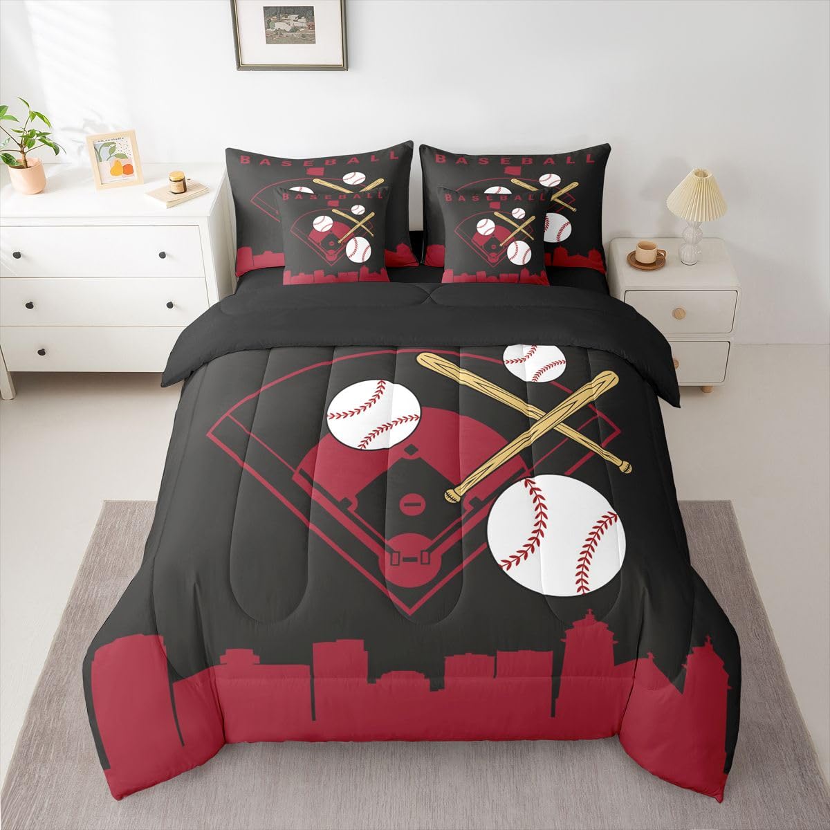 Erosebridal Baseball 7 Piece Bed in A Bag Full Size Softball Sports Boys Comforter Set Cover Baseball Bat Bedding Set for Kids Teens Adult Men City Building Black Red Sheet Sets