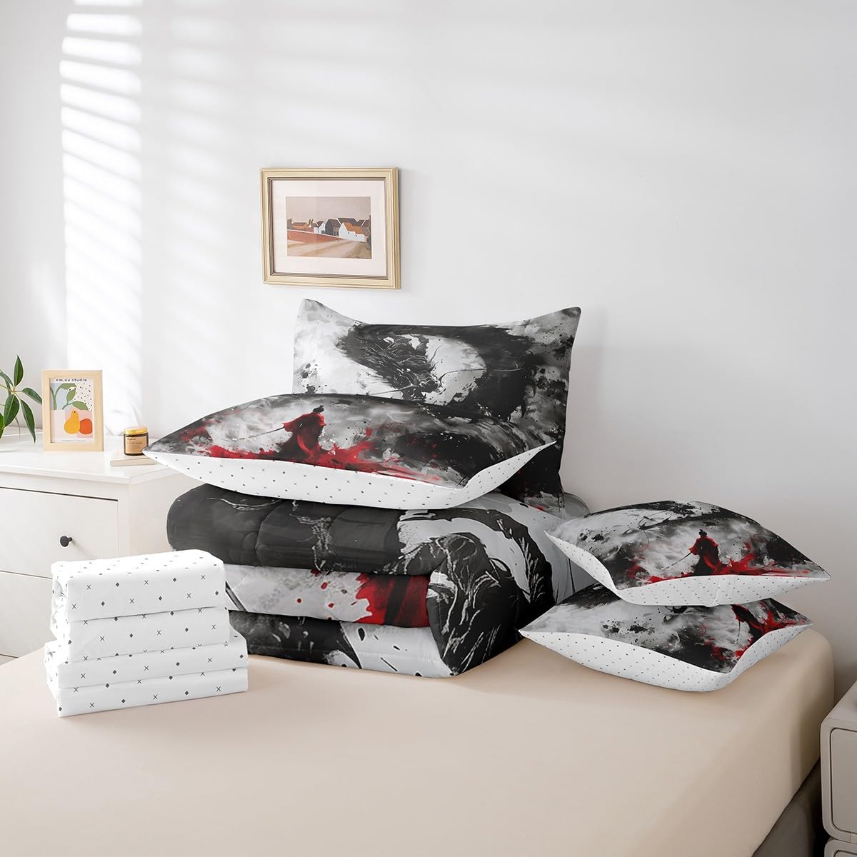 Homewish 7 Pieces Dragon Samurai Comforter Set Queen,Ink Painting Bed Set for Kids Boys Girls,Japanese Style Bedding(1 Comforter,1 Fitted Sheet,1 Flat Sheet,2 Pillowcases,2 Throw Pillow Cover)