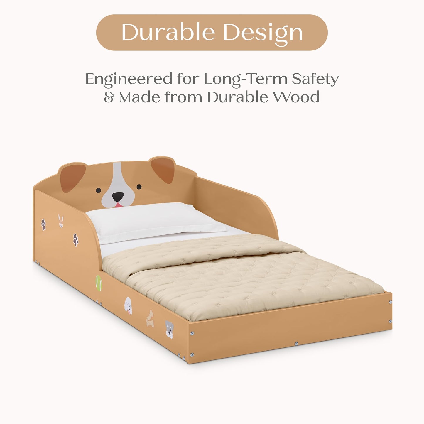 Delta Children Puppy Wood Floor Toddler Bed with Reusable Stickers, Brown