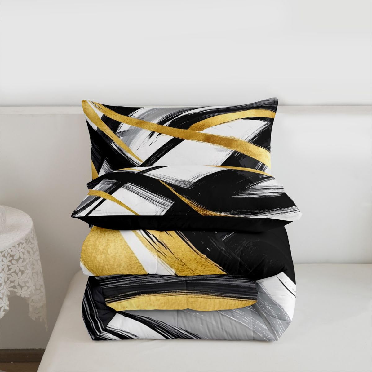 jejeloiu Black Gold Comforter Set Queen Size Geometric Bedding Set for Kids Boys Girls Stripe Line Duvet Quilt Modern Abstract Bedroom Decor Microfiber 3 Pcs with 2 Pillow Cases