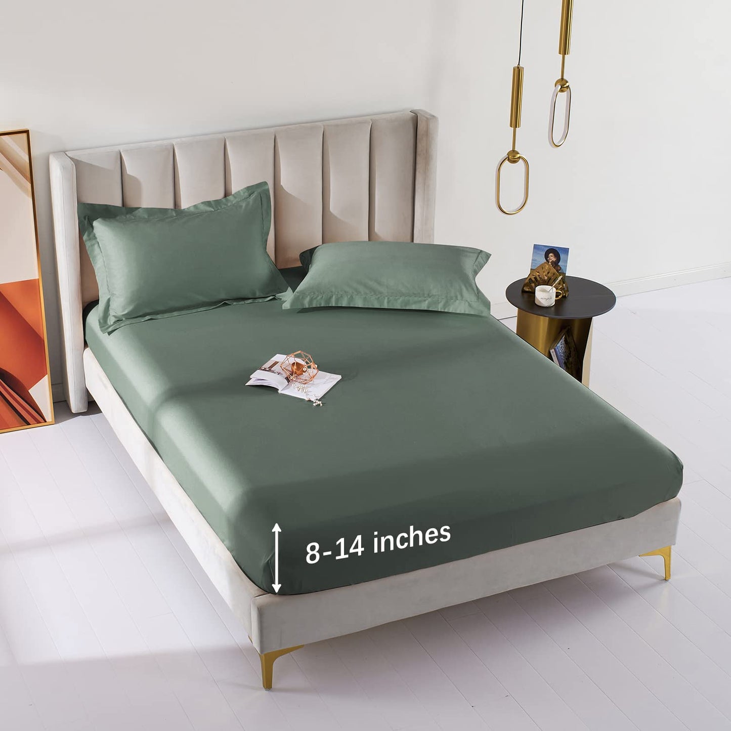 MILDLY Deep Pocket Fitted Sheet Only Queen Size 60"x80" 100% Long Staple Cotton Army Green Breathable Bottom Sheet Fits Up to 14" Deep Mattress