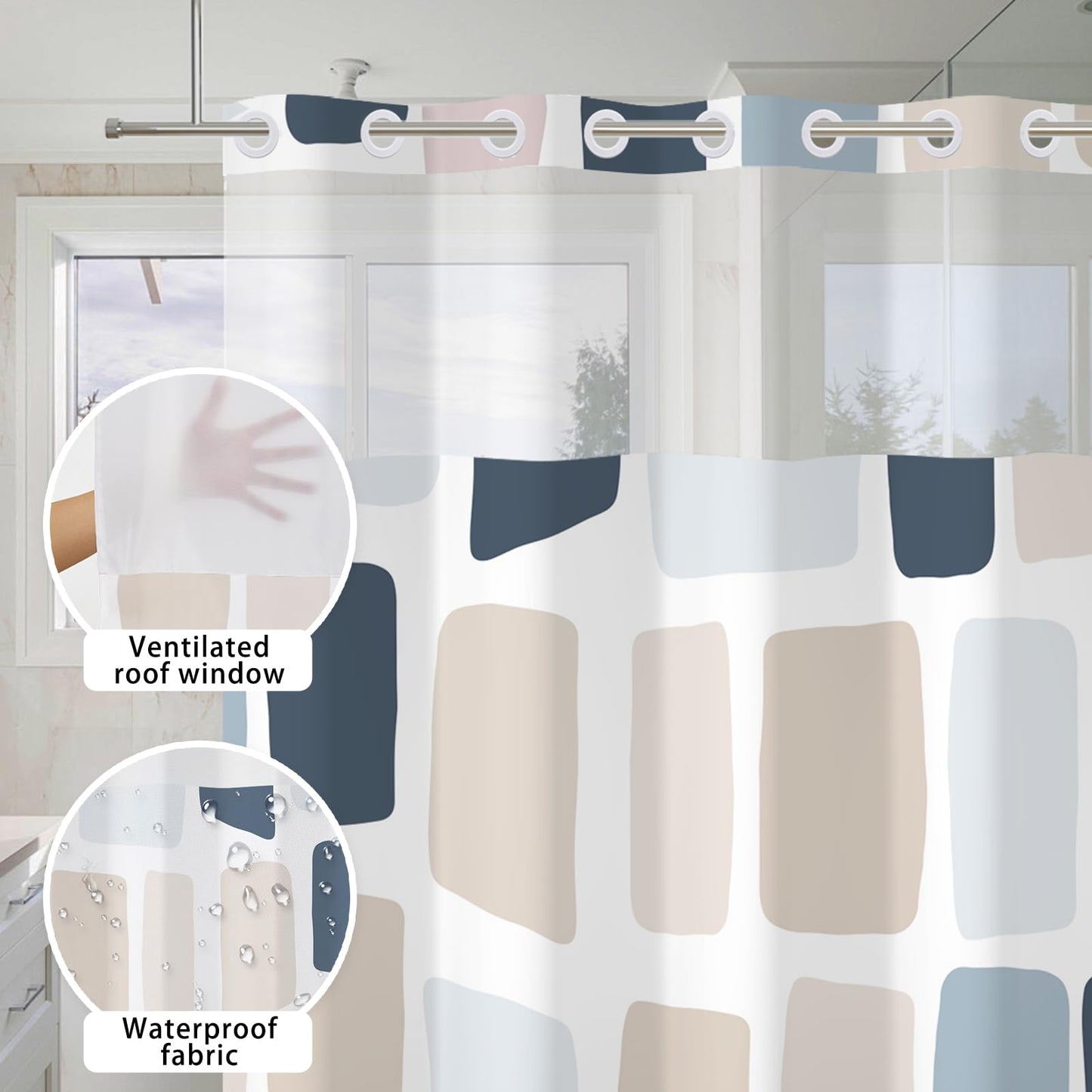Xiazhilaio No Hook Geometry Shower Curtain with Liner 71 x 74 Inch - Blue and Yellow Modern Abstract Pattern, Waterproof Fabric Bath Curtain with Mesh Top for Minimalist and Modern Bathroom Decor