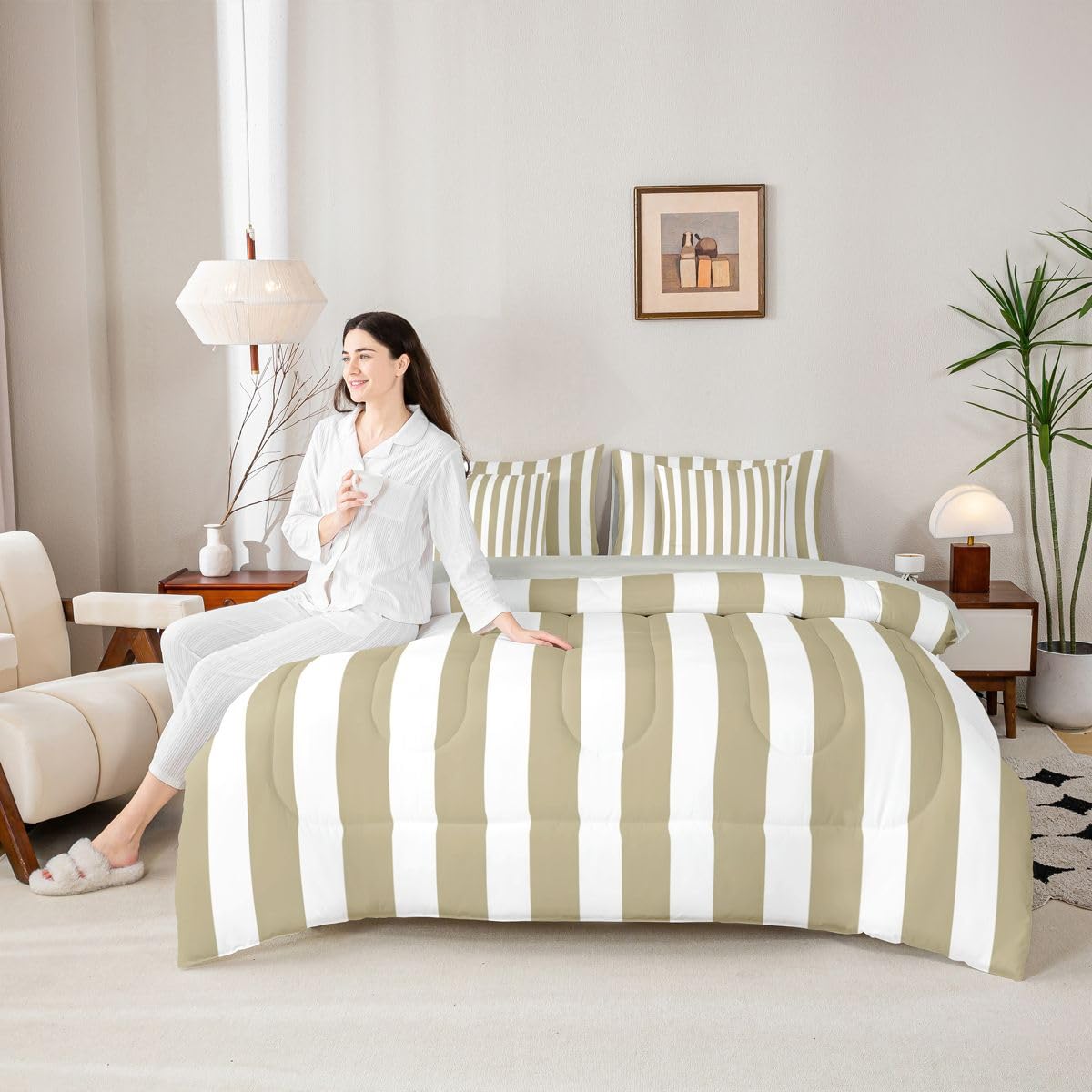 Erosebridal Beige and White Striped King 7-Piece Comforter Set Khaki Modern Abstract Striped Bedding Set with Sheets for Kids Teens Adults - Pinstripe Geometric Bed in a Bag Modern Trendy Bed Sets
