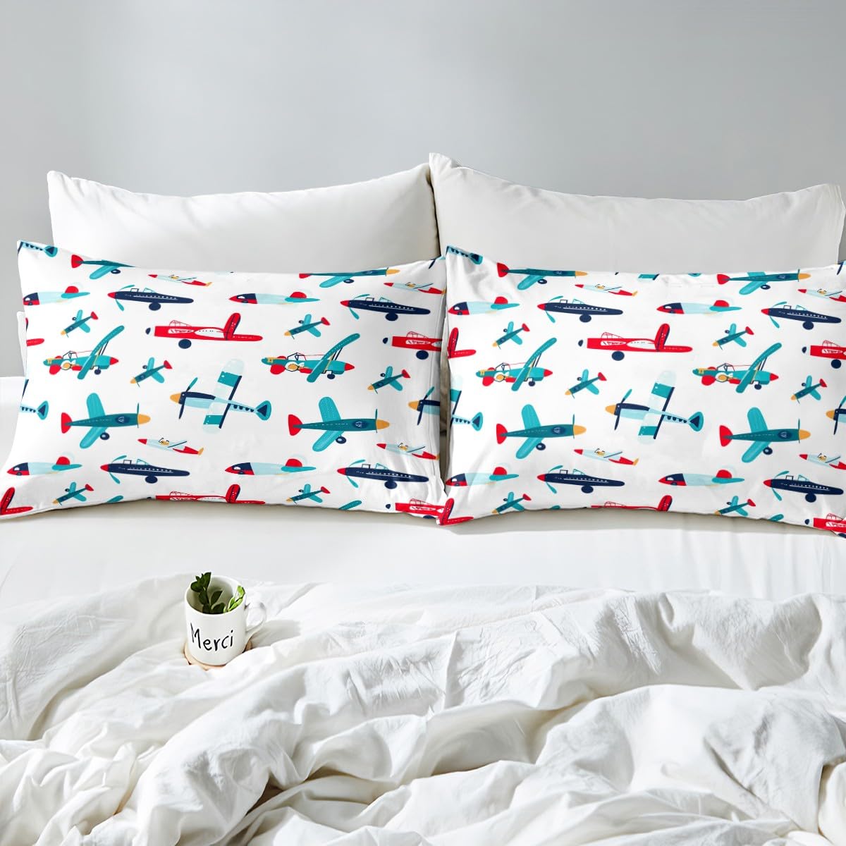 Airplane Cartoon Bedding Fitted Sheet Aircraft Flying Bed Sheet Set for Kids Boys Girls Novelty Cartoon Toys Bedding Sheets Aero Vehicles Cute Decor Bed Cover with 1 Pillowcase 2Pcs Bedding Twin