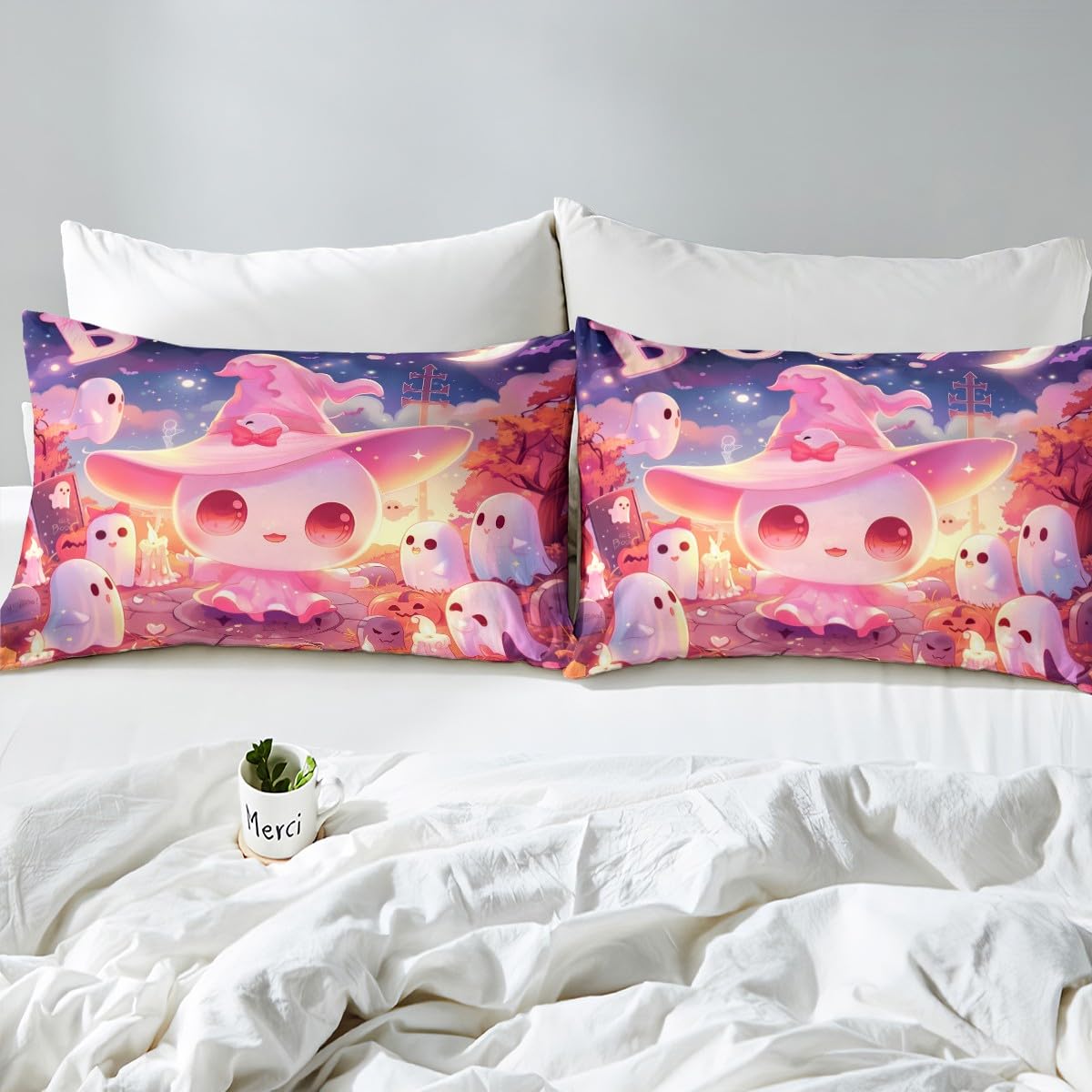 Cartoon Cute Ghost Fitted Sheet,Girly Kawaii Halloween Ghost Bedroon Decor Bed Sheet 3 Pieces Fits Mattress,Dreamy Starry Sky Rustic Pumpinks Decorative Fabric Bedding All-Round Elastic Pocket