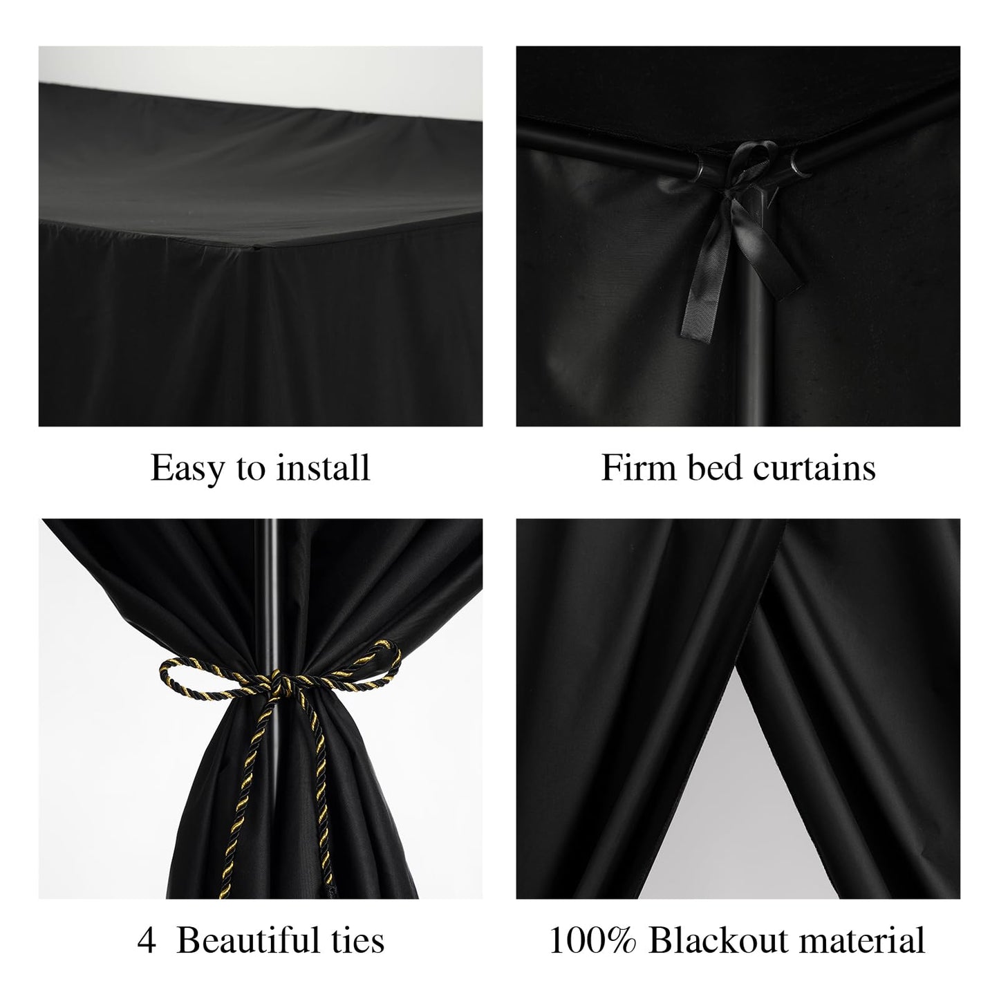 YRDKB Black Canopy Bed Curtains - 4 Corner Post Bed Curtains King Lightproof Siamesed Drapes Bed Canopy for Adults & Girls Bedroom Decoration(Black,King)
