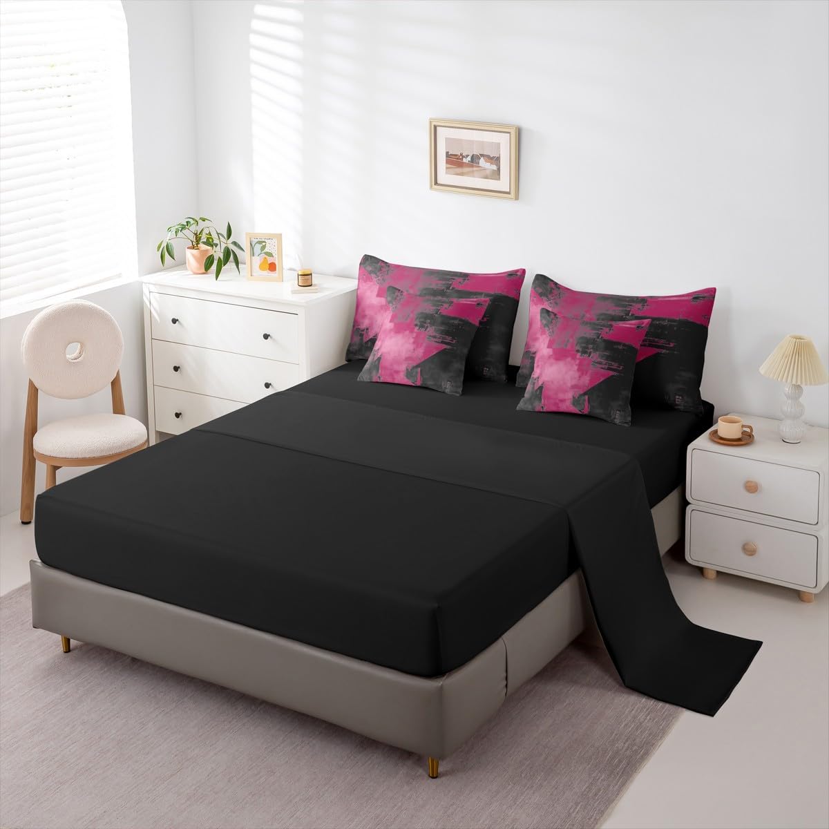 Feelyou Abstract Comforter Set with Sheets 7 Piece King Size Modern Abstract Art Bedding Set for Kids Boys Girls Luxury Bed in a Bag Geometric Room Decor Dark Rose Soft Lightweight Microfiber