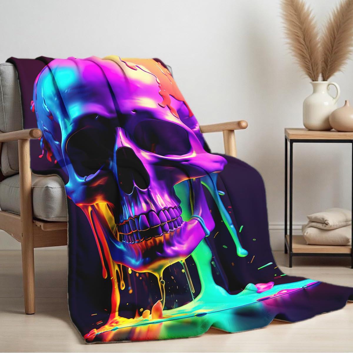 HUNXIAOJ Skull Blanket Throw Skeleton Flannel Blanket Gothic Print Throw Gifts for Kids Girls Boys Adults Women Men Halloween Decor Queen Size Bed Couch (49"x59")
