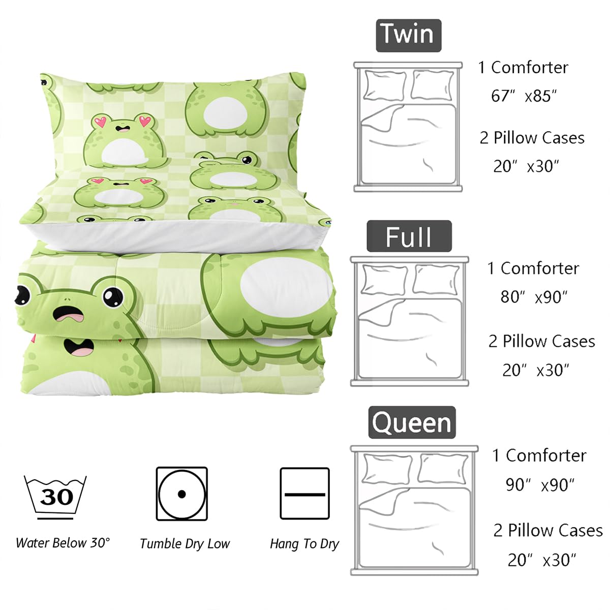 Nttopship Cartoon Frog Comforter Bedding Set with 2 Pillowcase Twin Size Cute Animals Comforter Set for Kids Boys Girls Bedroom Decor