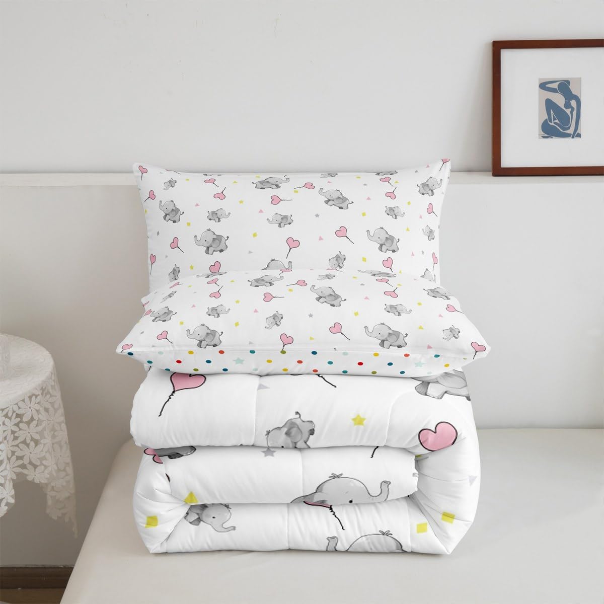 Erosebridal Lovely Elephant Comforter Set for Kids Girls Boys Teens Bedroom,Love Heart Down Comforter for All Season, Kawaii Animal Bedding Set, Cartoon Style Triangle Quilt Full Size