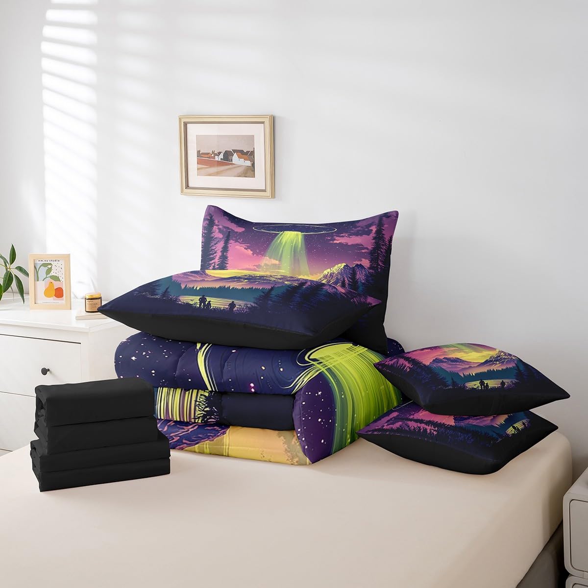 Feelyou Kids Galaxy 7 Pieces Bedding Set Queen Size, Outer Space Comforter Set with Sheets Boys Girls 3D Printed Space Bed in A Bag Space Outer Sky Teens Bed Set Bedroom Decor 7Pcs