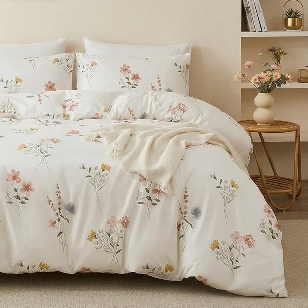 Cozaline 100% Cotton Duvet Cover Set Queen – Pink Watercolor Wildflower Meadow Bedding Set 3 Pieces, Lightweight Ultra Soft Comforter Cover with Zipper Closure, Soft Pastel Botanical Bed Set