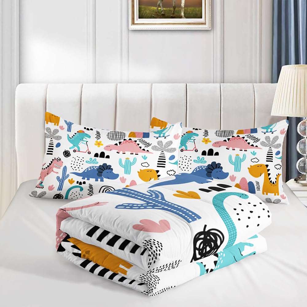 XYNHML Cartoon Dinosaur Rainbow Comforter Set Twin 3Pc Kawaii Dinosaur Bedding Set All Season with Cactus, Coconut Tree Decoration Includes 1 Comforter, 2 Pillowcases for Kids Girls Teens