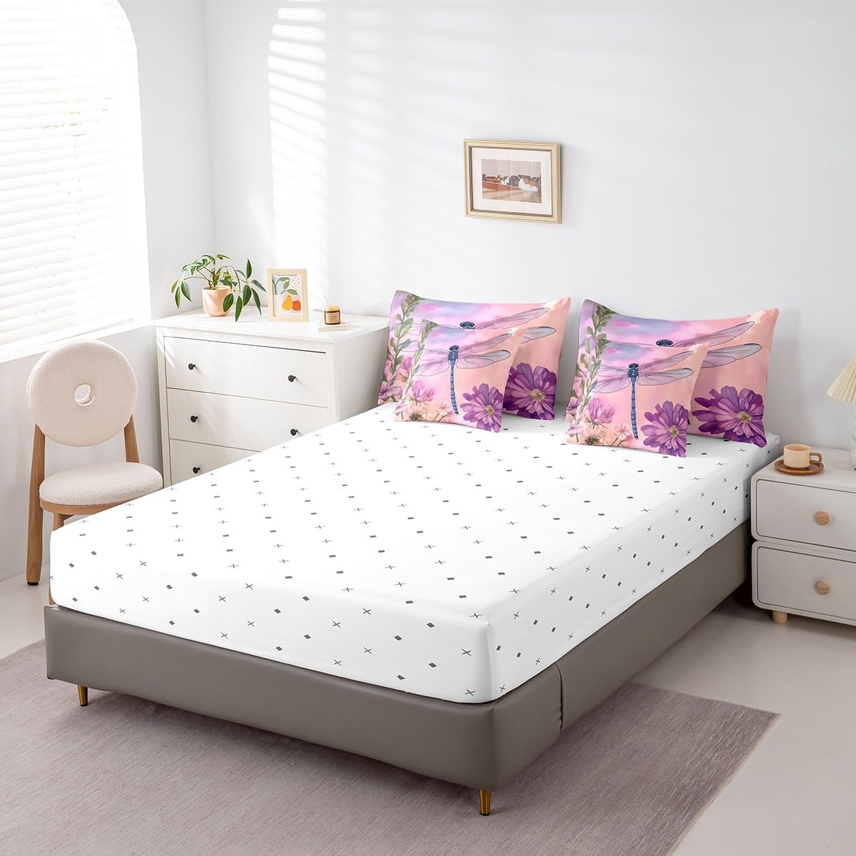 Erosebridal Dragonfly Full Size Bed Sheets and Comforter Set,Flowers 7 Piece Bedding Set Purple Tie Dye Dragonflies Bed in a Bag,Garden Rustic Aesthetic Animal Farmhouse Decor Bed Sets
