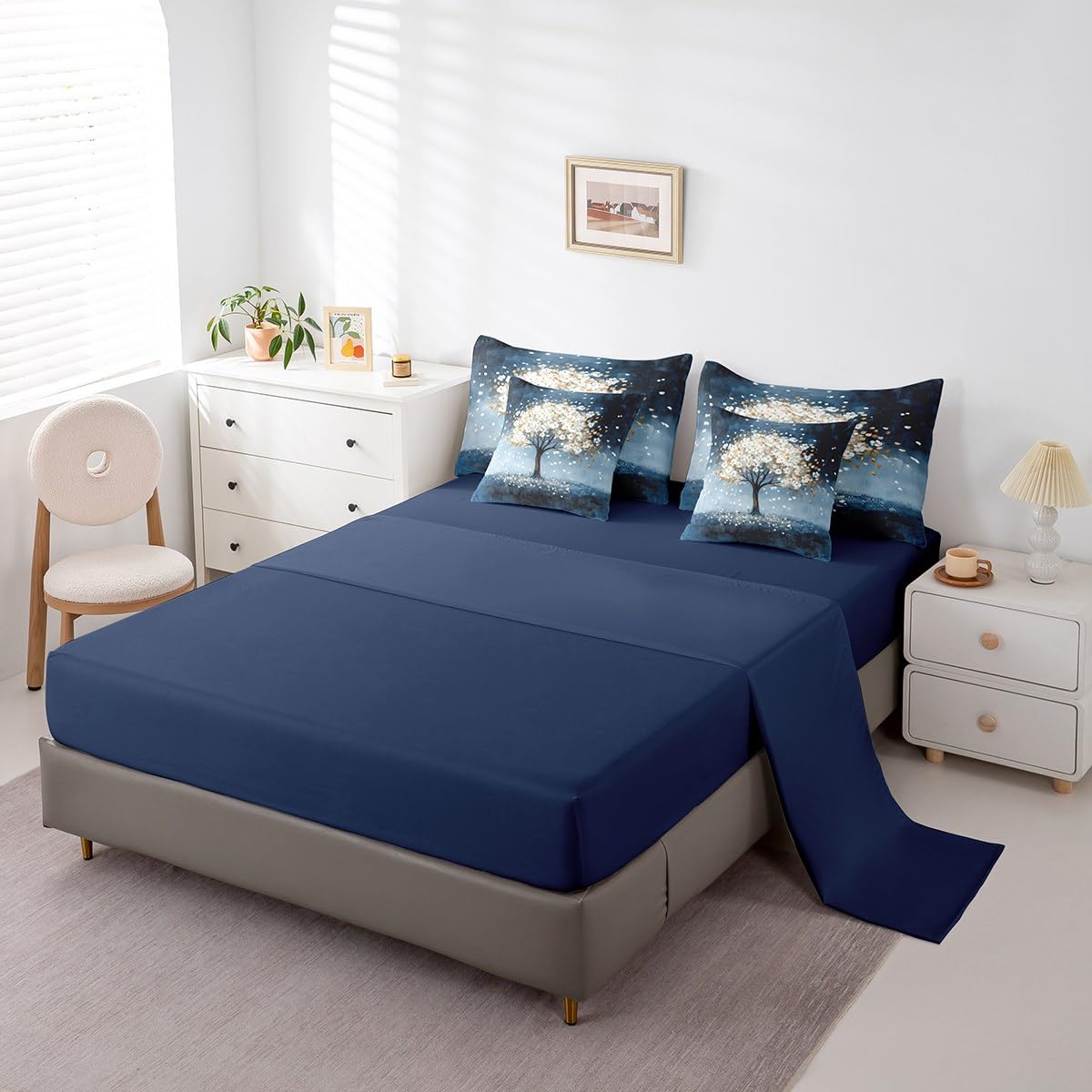 White Tree Branches Pattern 7 Pieces Bedding Set Twin Size Kids Leaf Branches Bed in a Bag with Comforter, Sheets, Pillowcases Fallen Leaves Bed Set Breathable Botanical Room Comforter Set with Sheets