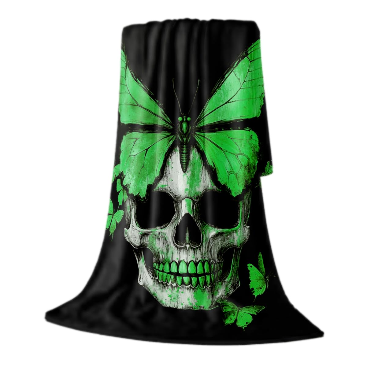 HUNXIAOJ Skull Butterfly Blanket Gifts Green Gothic Decor Butterfly Skeleton Throw Blanket Soft Flannel Skull Bedding for Couch Bed Living Room Home Halloween Decor 49"x59"