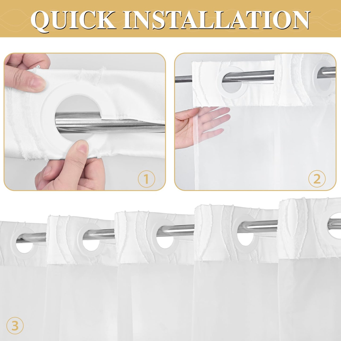 Yinhua No Hook Shower Curtain with Snap in Liner Set, Tufted Waterproof Shower Curtains for Bathroom Washable Bath Curtain Hotel Style Curtains with See Through Top Window, White, 71" W×74" L