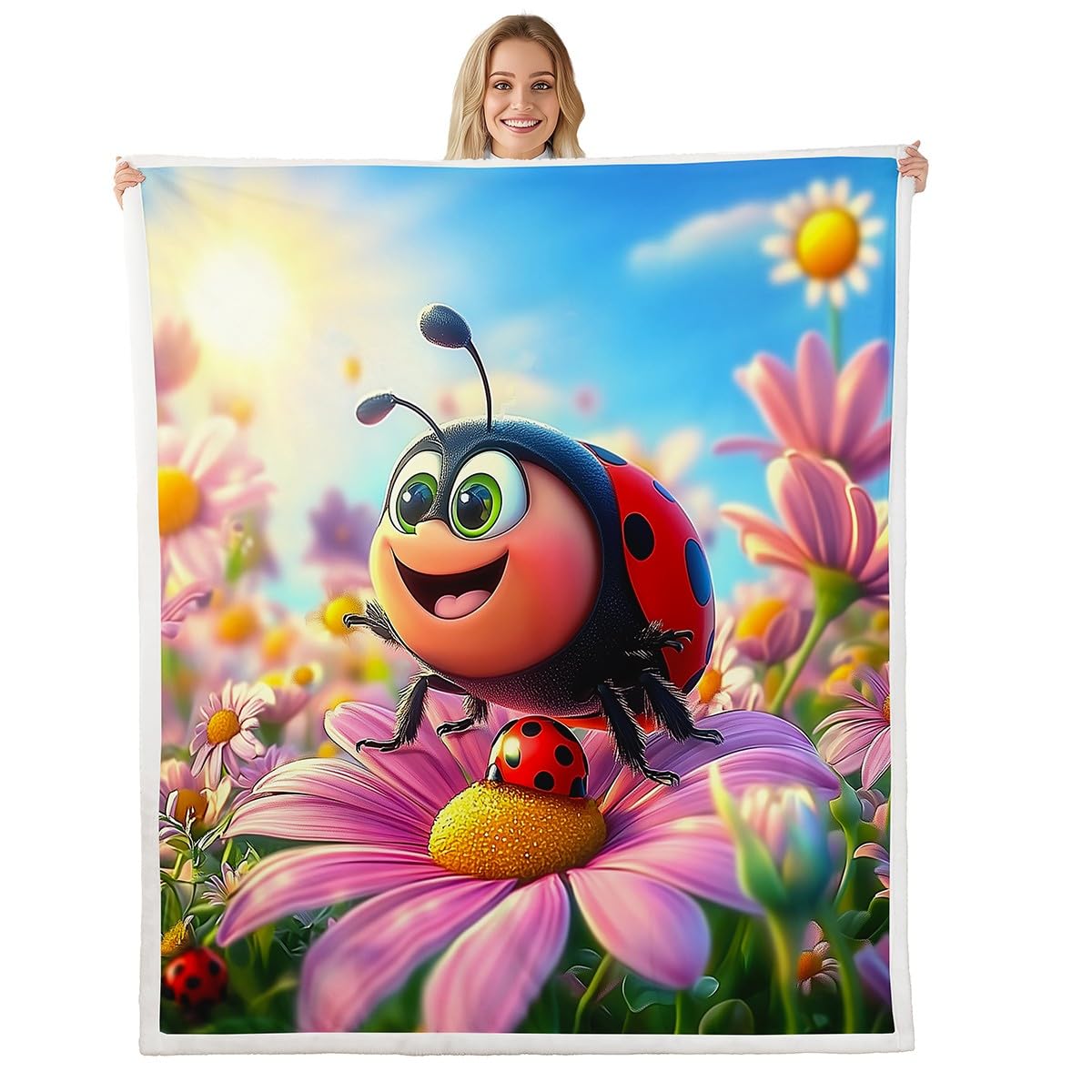 Erosebridal Ladybug Kids Fleece Blankets Cute Kawaii Animal Throw 50"X60" Throw Bed Blanket for Girls Boys,Pink Flowers Ladybird Sherpa Blankets Plants Floral Rustic Ladybug Flannel Blanket