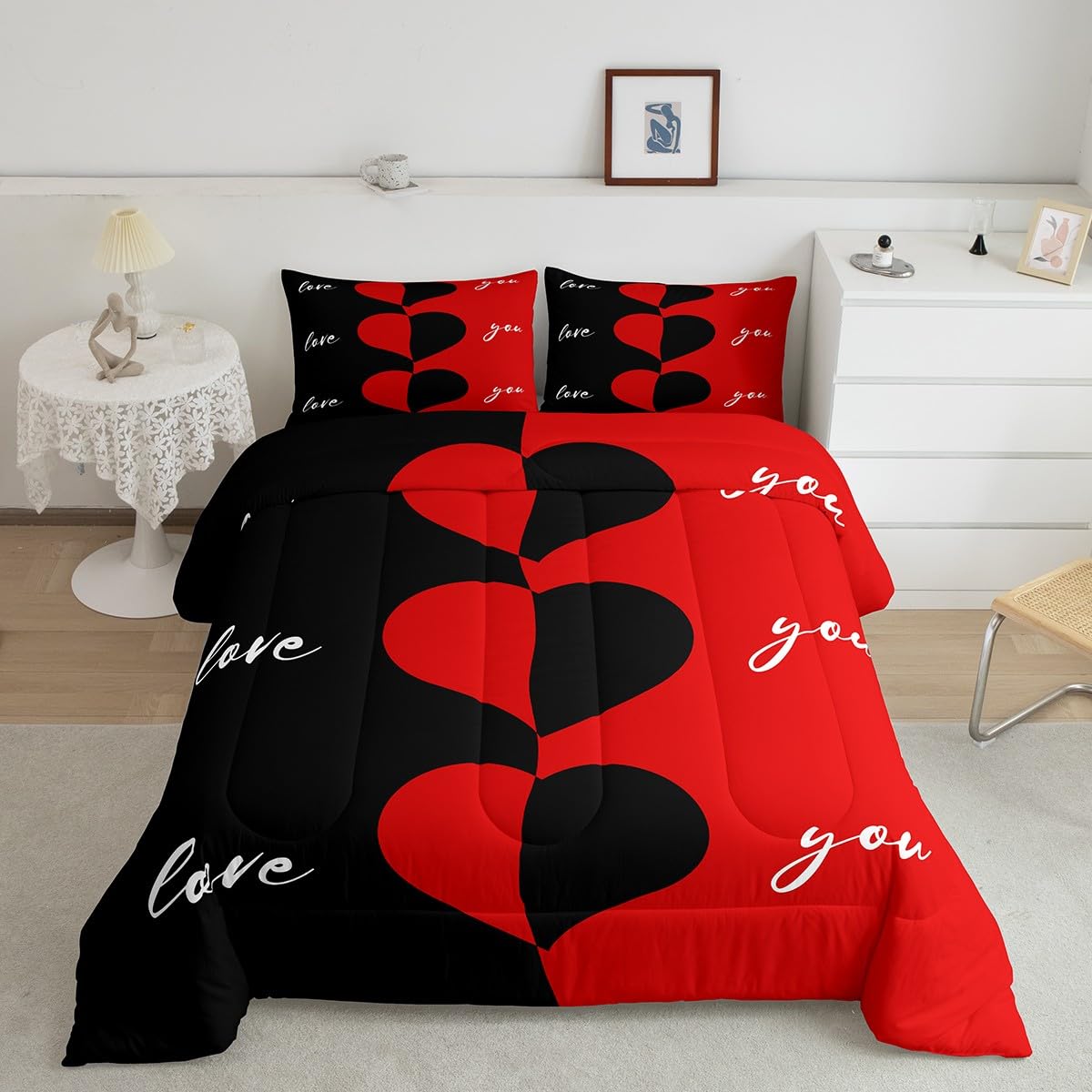 Erosebridal Red and Black Comforter Set Queen Size Romantic Valentine's Day Love Heart Bedding Set for Women Men Couples Wedding Gifts His and Hers Down Comforter Love Duvet Insert Bedroom Decor