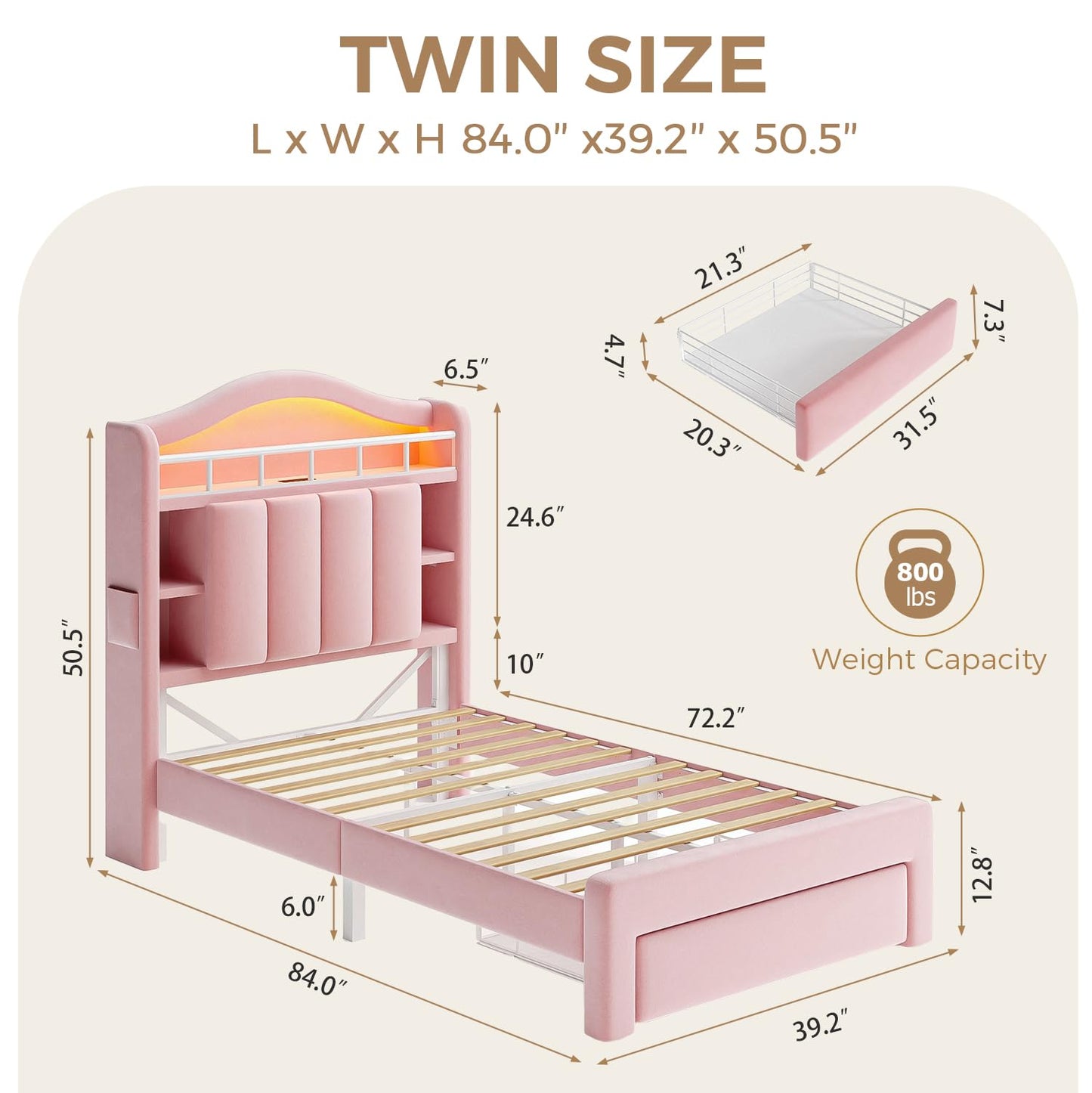 Pink Twin Size LED Bed Frame with Storage Headboard, Upholstered Velvet Princess Bed for Girls with 5 Charging Ports (USB-C & AC), Hidden Privacy Compartment, Sturdy Aluminum Frame & 1 Silent Drawers