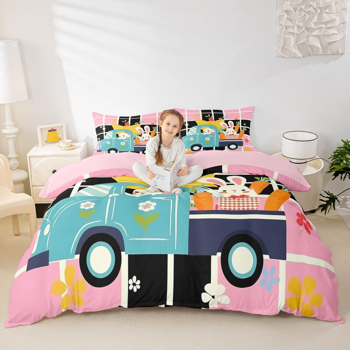Erosebridal Happy Easter Themed Duvet Cover Cartoon Rabbit Bedding Set,Rainbow Easter Eggs Comforter Cover Easter Decor Queen,Greetings and Presents for Easter Day Kawaii Room Decor