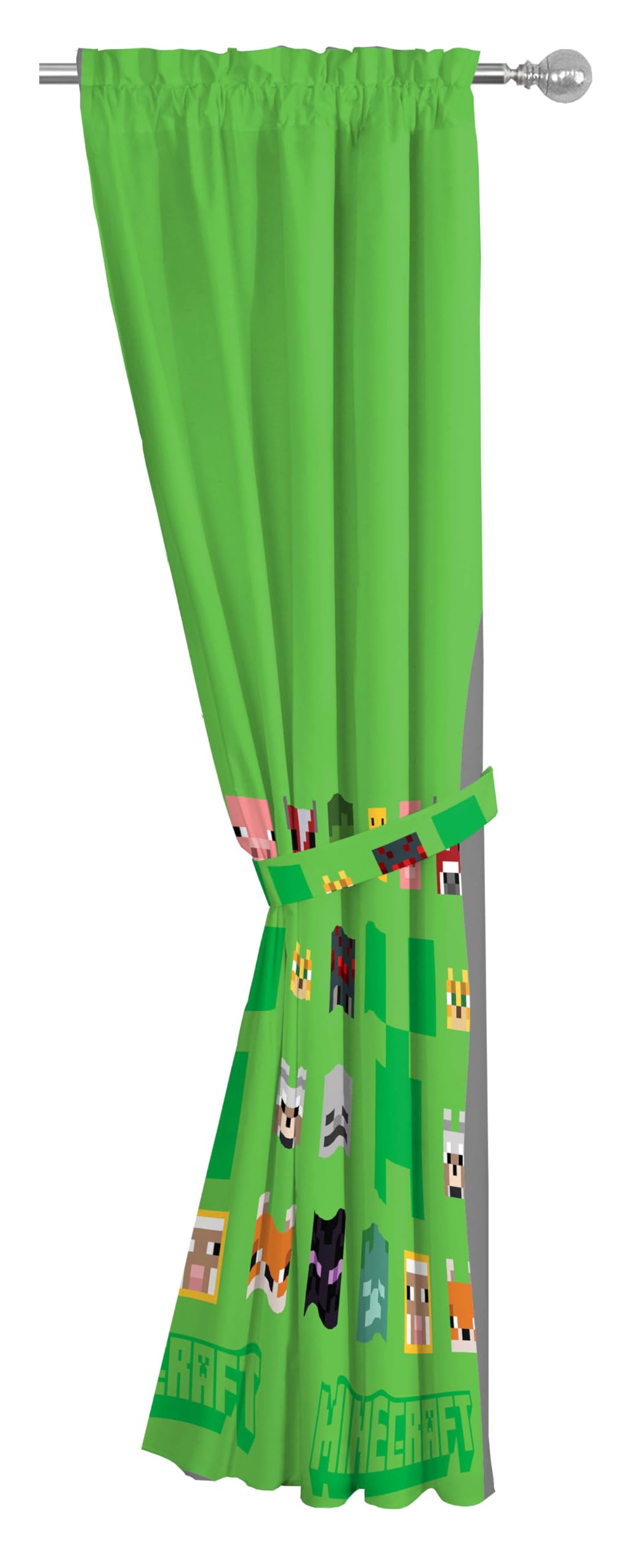 Sunny Side Up Window Curtains for Kids Bedroom 4-Piece Drape Set with 2 Tiebacks, Green - Minecraft, 42" W x 63" L (Pack of 2)