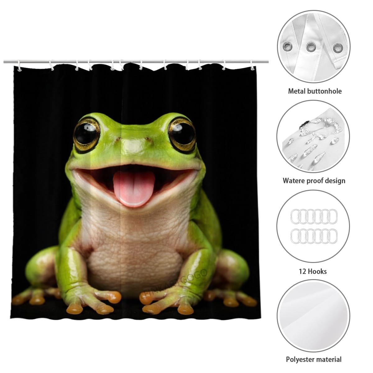 LFINKARTGOGO Frog Shower Curtain 72x72 Inch with 12 Hooks Funny Farm Animal Bathroom Decor Black Background Waterproof Washable Polyester Bath Curtain
