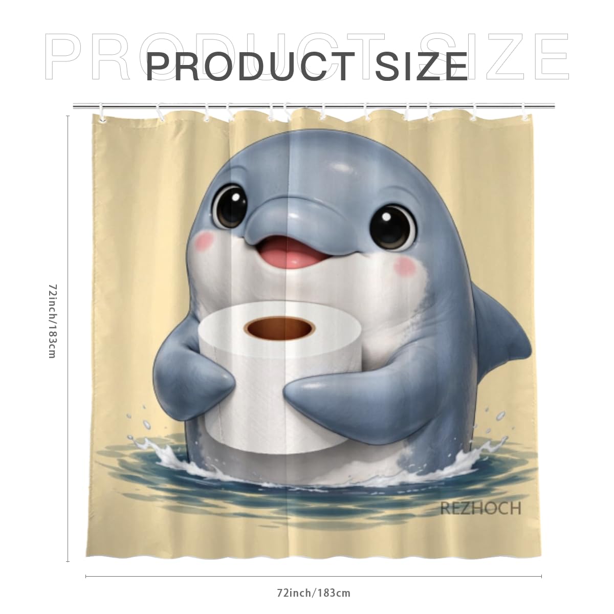 REZHOCH Funny Dolphin Shower Curtain 72x72 Inch,Cute Animal Holding Toilet Paper,Humor Art Home Bathroom Farmhouse Decor,Waterproof Fabric Bath Curtain Set with 12 Hooks
