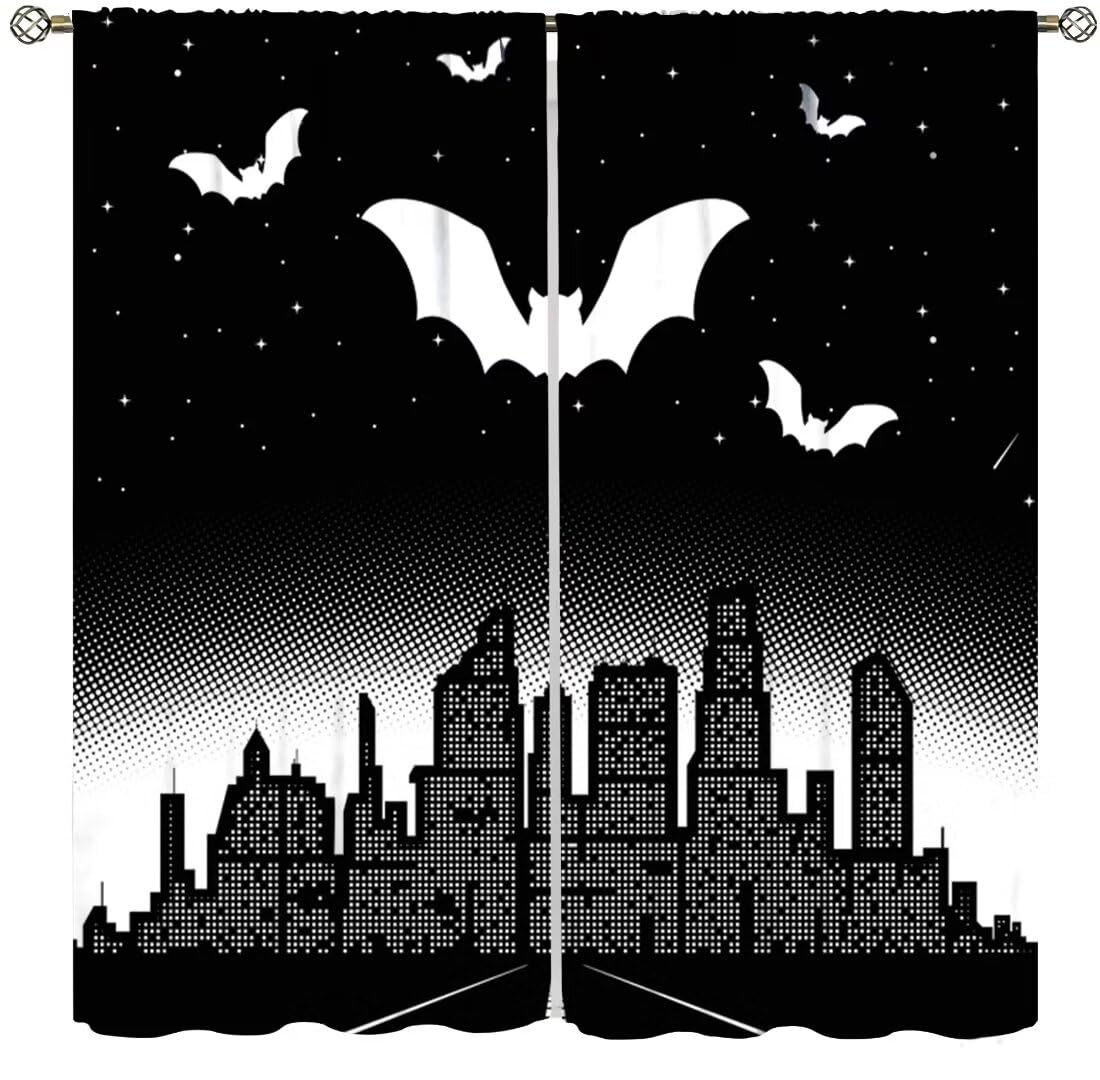 DDCBNS Hero Window Curtains,Comic Art Style Cartoon City Starry Sky Window Treatments for Kids Boys Girls Bedroom Décor Drapes 2 Panel Sets Total Size 42" x 45" Black White