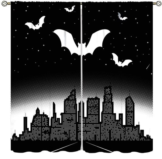 DDCBNS Hero Window Curtains,Comic Art Style Cartoon City Starry Sky Window Treatments for Kids Boys Girls Bedroom Décor Drapes 2 Panel Sets Total Size 42" x 45" Black White