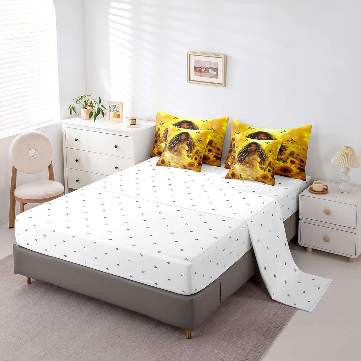 Castle Fairy Girl Sunflower Bed in a Bag Comforter Set,American Inspirational Quotes Twin Size 7 Pieces for Kids Teens,Golden Flowers Bedding Set with Comforter, Sheet Set, Pillowcases, Pillow Covers