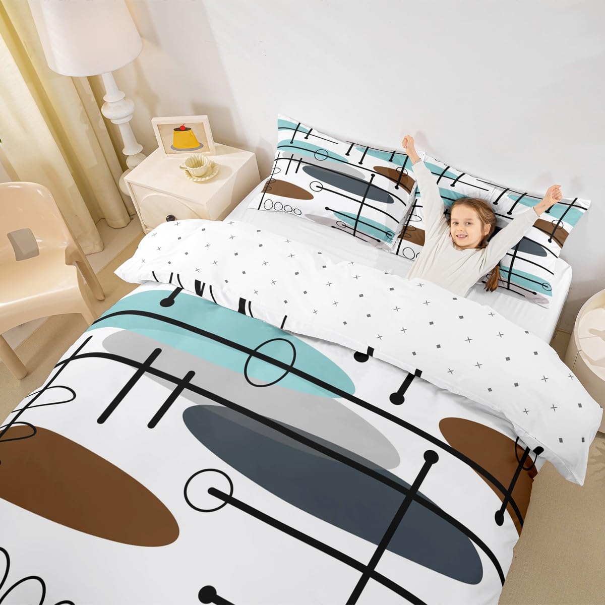 Erosebridal Mid Century Duvet Cover King Modern Minimalist Bedding Set, Hippie Old Fashion Comforter Cover Abstract Artwork Bed Set, Aesthetic Lines Circles Bedding Teal White Grey (Zipper Closure)
