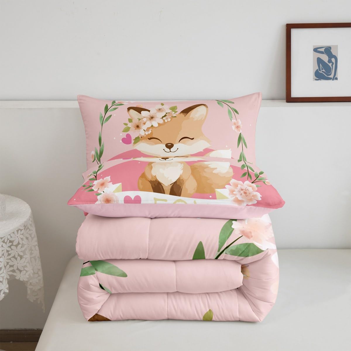 Feelyou Girls Cartoon Fox Comforter Set Cute Fox Bedding Set for Kids Boys Girls Kawaii Animal Duvet Set Botanical Floral Comforter 1 Comforter Set with 1 Pillowcase Twin Size