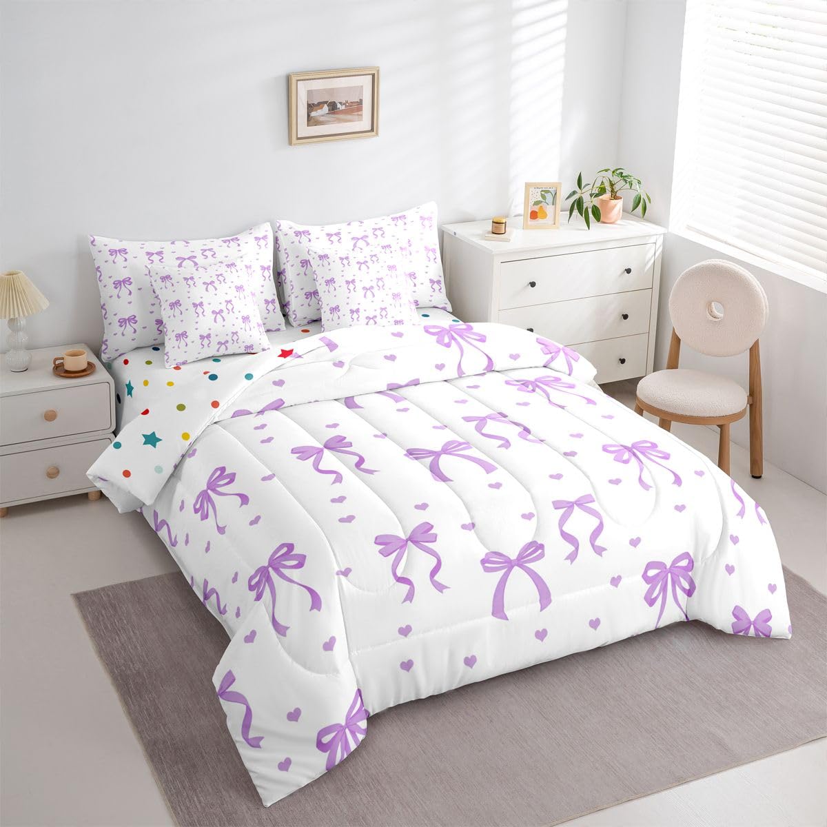 Erosebridal Bow Knot 7 Piece Bedding Set Full Size Bowtie Bed in A Bag Coquette Bowknot Comforter with Sheets Fantasy Bed Sets