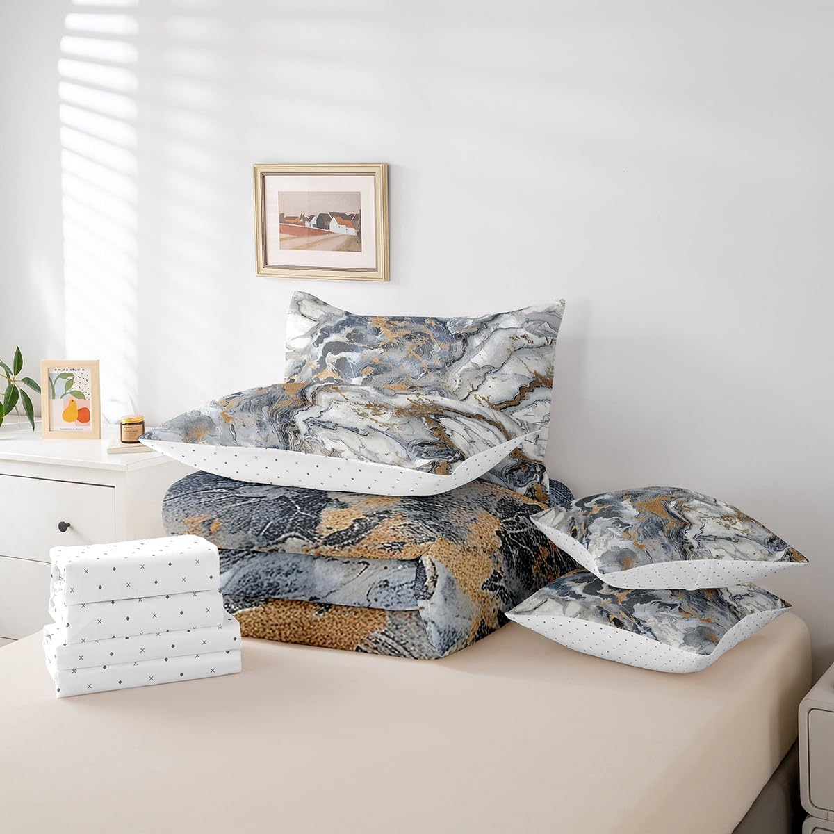 Erosebridal Marble 7 Pcs Comforter Set Queen Size Ink Fluid Bedding Modern Marbling Art Bed in A Bag for Men Women Luxury Stone Liquid Blue Gold Grey Abstract Bed Set