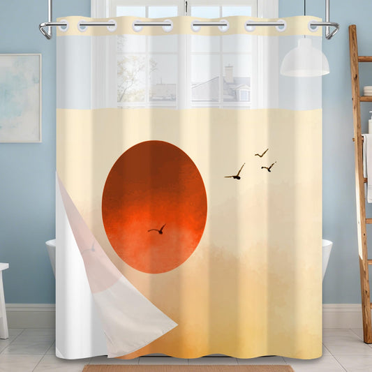 NAEMBCU No Hook Shower Curtain with Snap-in Liner, Sunset Silhouette Black Birds Design with Mesh Top Window, Waterproof Double Layer Nature Bathroom Decor, 71 x 74 Inch
